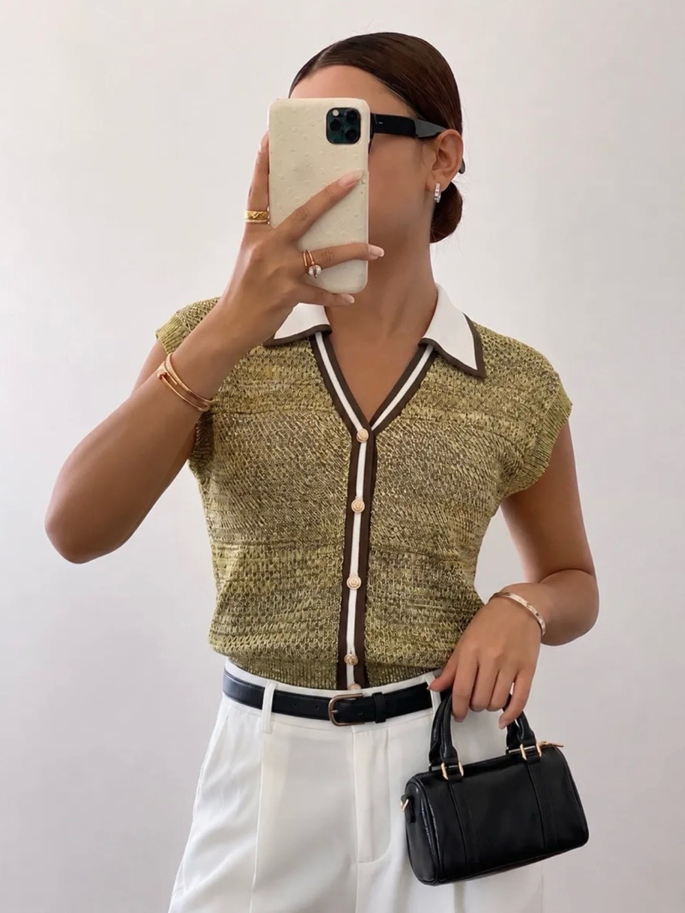 Commense Olive Knit Polo with White Collar